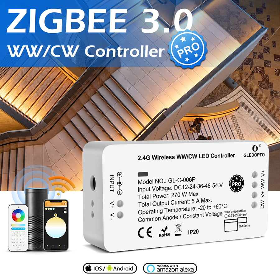 DC12-24V Zigbee Wireless Dual White CCT Controller Compatible with Amazon Alexa, APP Voice/RF Control GL-C-006P